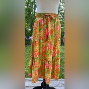 Rose & Olive Women's Orange Pink Floral Maxi Drawstring Skirt Size Small